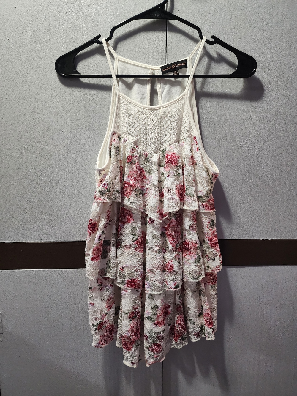 Almost Famous White Lace Tiered Camisole with Pink Floral Print